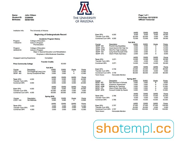 Arizona State University Transcript Template in PDF Format